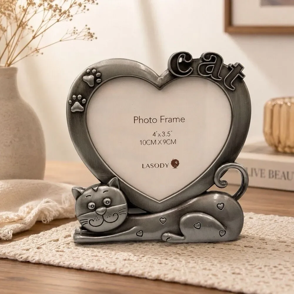 LASODY Cat Picture Frame Heart 4x3.5 Silver Tone Paw Prints Kitty Pet Decor